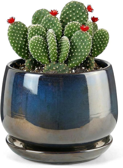 7.5 Inch Flower pots for Indoor Outdoor Plants with Saucer Drainage Leak-Proof Mesh, Ceramic Planter with Gardening Gloves for Succulent and Flower (Metallic Black)