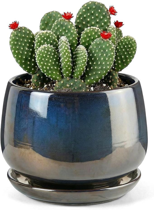 7.5 Inch Flower pots for Indoor Outdoor Plants with Saucer Drainage Leak-Proof Mesh, Ceramic Planter with Gardening Gloves for Succulent and Flower (Metallic Black)
