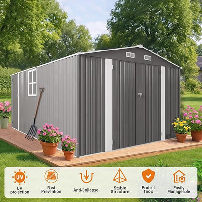 YOPTO 10x14 FT Large Outdoor Storage Shed,Durable Metal Garden Shed with Three Lockable Doors and Two Windows,Waterproof Tool Shed for Backyard Patio,All-Weather Shelter for Bike,Lawn Mowers,Grey