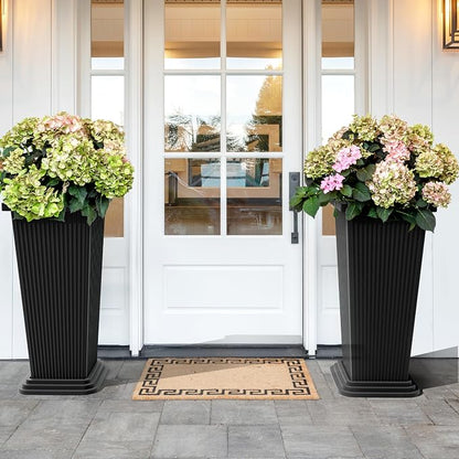 TUYOHW Set of 2 Large Tall Planter for Indoor or Outdoor 24" Flower Pots Tapered Tall Planters with Tray for Porch, Patio, Backyard, Large Planters for Outdoor Indoor Plants(Black,Striped)