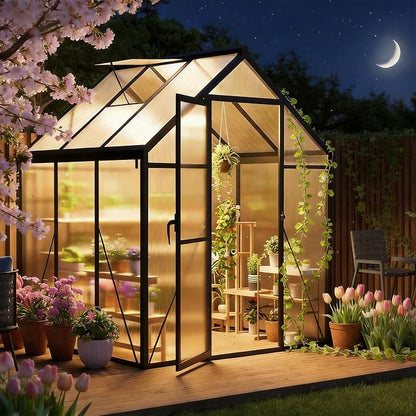 6x6 FT Greenhouse for Outdoors, Polycarbonate Greenhouse with Aluminum Frame, Lockable Door, Adjustable Roof Vent and Rain Gutter, for Backyard, Garden, Patio