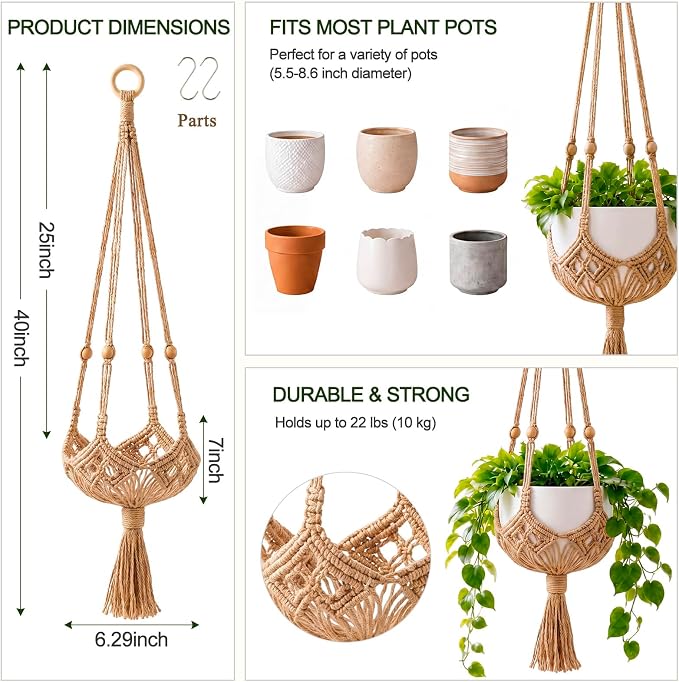 Shappy 2 Pack Boho Macrame Plant Hanger, Large Hanging Planter Plant Holder Pot Hanger Hanging Basket Wall Planters, Plants Lover Gift for Indoor Garden (Wooden Ring and Wooden Beads,Jute Color)