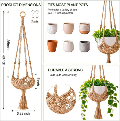 Shappy 2 Pack Boho Macrame Plant Hanger, Large Hanging Planter Plant Holder Pot Hanger Hanging Basket Wall Planters, Plants Lover Gift for Indoor Garden (Wooden Ring and Wooden Beads,Jute Color)
