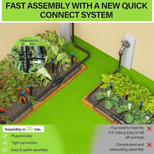 Bonviee 50FT 5/16 Inch Mainline Tubing with 6-Way Couplers, 4-Pack | Compact Mainline Kit for DIY Irrigation. Four Push-to-Connect 6-Way Couplers Help Create Branches in Raised Beds and Gardens.