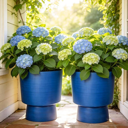 2-Pack 16.8" Brushed Blue Plastic Urn Planters with Detachable Bases | Set of 2 PP urn planters with brushed blue finish, detachable bases, drainage plugs, and UV-treated finish for porch