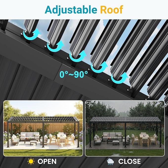 Louvered Pergola, 12' x 20' Outdoor Pergola, Aluminum Frame Patio Gazebo with Adjustable Louvers Roof & Integrated Gutter System, Outdoor Hardtop Gazebo for Patio, Backyard, Deck, Garden, Dark Gray