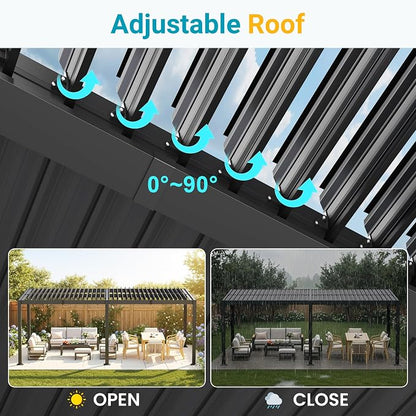 Louvered Pergola, 12' x 20' Outdoor Pergola, Aluminum Frame Patio Gazebo with Adjustable Louvers Roof & Integrated Gutter System, Outdoor Hardtop Gazebo for Patio, Backyard, Deck, Garden, Dark Gray