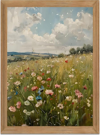Wildflower Wall Art Framed Botanical Flower Meadow Canvas Print, Vintage Floral Landscape Canvas, Nature Wall Decor with Wood Frame for Bedroom Living Room Cottage Home Decor 12x16 Inch