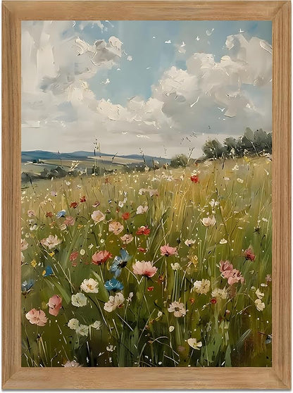 Wildflower Wall Art Framed Botanical Flower Meadow Canvas Print, Vintage Floral Landscape Canvas, Nature Wall Decor with Wood Frame for Bedroom Living Room Cottage Home Decor 8x10 Inch