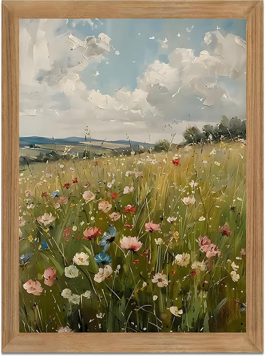 Wildflower Wall Art Framed Botanical Flower Meadow Canvas Print, Vintage Floral Landscape Canvas, Nature Wall Decor with Wood Frame for Bedroom Living Room Cottage Home Decor 8x10 Inch