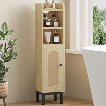 Hzuaneri Bathroom Storage Cabinet, Small Corner Floor Cabinet with Door and Shelves, Narrow Toilet Paper Holder, Bathroom Organizer with Adjustable Shelf, for Small Spaces, Rattan Yellow BC08202Y