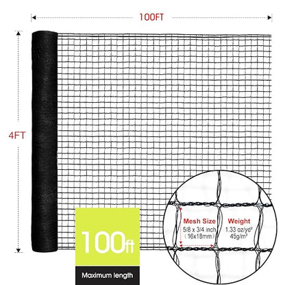 Deer Fence, RIFNY 4 x 100 FT Temporary Fence for Garden Outdoor Yard, Plastic Mesh Fencing Netting to Protect Plants Fruit from Deer Dogs Chicken Animal (Black)