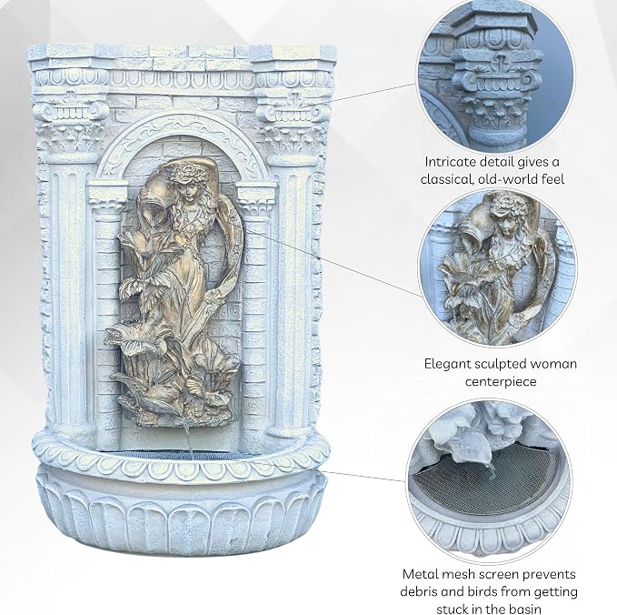 XBrand 30.3" Solar-Powered Wall Fountain with Gold Flower Maiden Statue, Antique Stone Waterfall Design for Garden, Yard Décor & Bird Bath, Polyresin