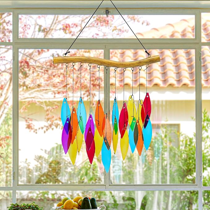 Solar Wind Chimes Outdoor with Glass and Copper (Glass Leaf 2) | Solar Powered, Garden Decor, Patio Decor, Glass and Copper, Outdoor Use