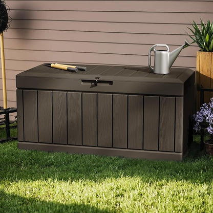Greesum 82 Gallon Resin Deck Box All Weather Large Outdoor Storage for Patio Furniture, Toys, Garden Tools, Lockable, Brown