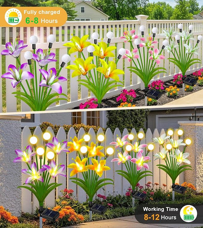 EDOF Solar Lights Outdoor Waterproof Garden Decor,4 Packs Lily Flowers Firefly Lights,Birthday Gifts for Women Mom,Solar Flowers Decorative Stakes Lights for Outside Yard Lawn Patio Porch Decorations