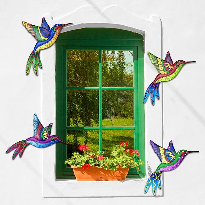 RICHIE Metal Hummingbird Wall Decor Outdoor Fence Wall Art Decor, Wall Sculpture Hanging Decoration for Garden Yard Living Room Bedroom Patio Balcony(4 Pack)