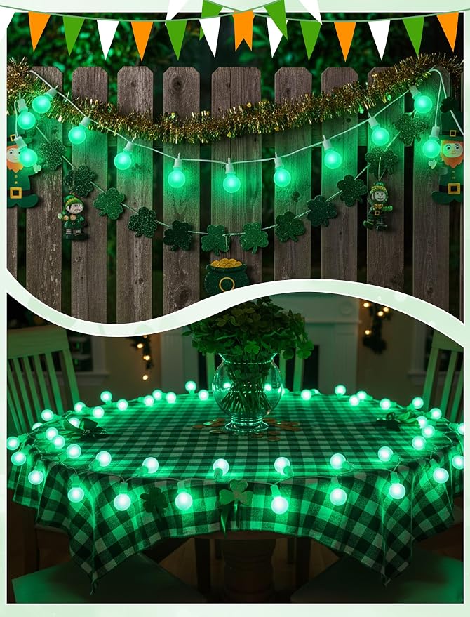 LED St. Patrick's Day String Lights, 25Ft St Patricks Decorations Outdoor | 25+2 G40 Round Bulbs, Connectable, Hanging Patio Lights Shatterproof for Indoor Home Decor Party, White Wire, Ceramic Green