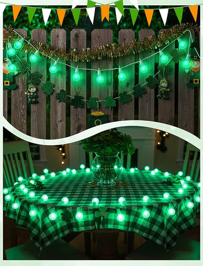 LED St. Patrick's Day String Lights, 25Ft St Patricks Decorations Outdoor | 25+2 G40 Round Bulbs, Connectable, Hanging Patio Lights Shatterproof for Indoor Home Decor Party, White Wire, Ceramic Green