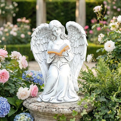 Angel Statue Outdoor Decor, Elegant Angel Garden Statues Reading Book with Solar LED Lights Yard Decorations Lawn Ornaments Figurines Resin Sculpture for Outside, Angel Gardening Gifts