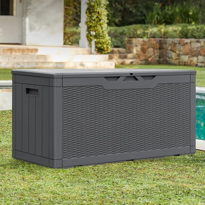 Greesum 100 Gallon Resin Patio Storage Box for Garden Tools, Outdoor Furniture Cushions, Pool Supplies, Gray