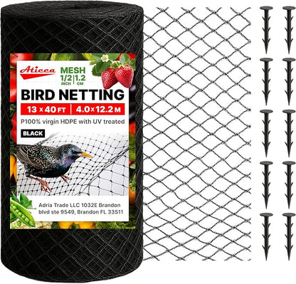 ATICCA Heavy Duty Bird Netting for Garden Protection & Fruit Trees, 13x40 Ft with 10 Stakes – Black Anti-Bird Net for Poultry, Deer, & Squirrel Protection, Durable Mesh for Garden and Yard Use