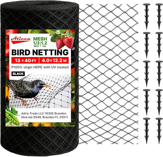 ATICCA Heavy Duty Bird Netting for Garden Protection & Fruit Trees, 13x40 Ft with 10 Stakes – Black Anti-Bird Net for Poultry, Deer, & Squirrel Protection, Durable Mesh for Garden and Yard Use