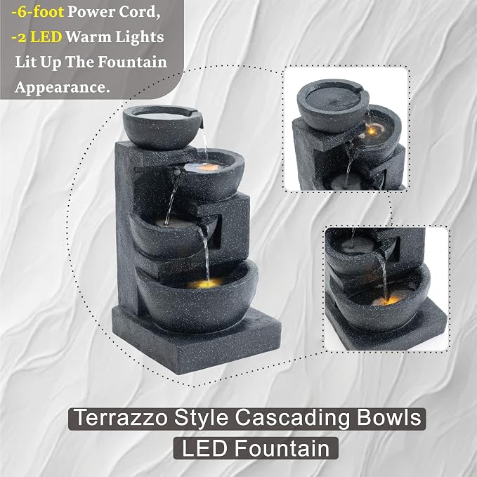 29" H Terrazzo Style Outdoor Water Fountain, 4-Tier Cascading Bowls with Stacked Stone Design and LED Lights, Freestanding Resin Water Feature for Garden Patio Porch