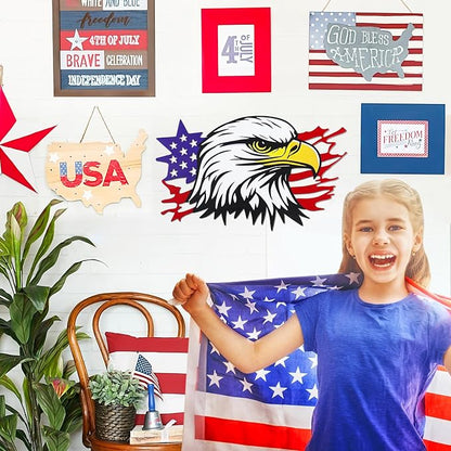 4th of July Independence Day Decor Bald Eagle Metal Wall Art, American Flag Bald Eagle Hanging Sign, Patriotic Decoration for Home Office Living Room Indoor Outdoor(13x7.9 in)