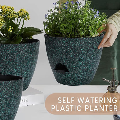 YNNICO Plant Pots 10/9/8/7.5/7 inch, Self Watering Planters with Drainage Holes & Saucers for Indoor and Outdoor Plants (Green Speckles)