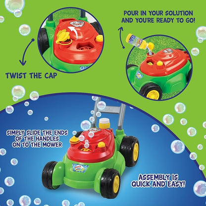 Maxx Bubbles Bubble-N-Go Mower, Includes 4oz Bubble Solution, Bubble Lawn Mower for Toddlers, Outdoor Bubble Toy for Kids, No Batteries Required, Red