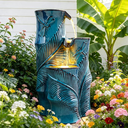 25.5" H Ceramic Outdoor Water Fountain with LED Lights, 3-Tier Cascading Bamboo-Style Water Feature, Teal Blue, Embossed Leaf & Dragonfly Patterns, Tranquil Waterfall for Garden, Patio & Yard