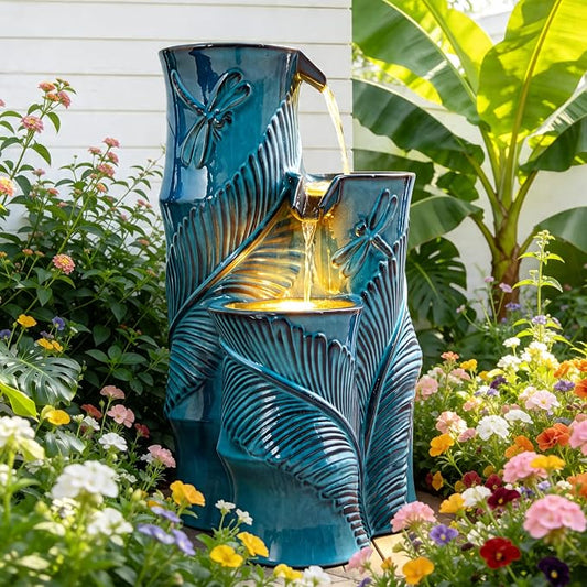 25.5" H Ceramic Outdoor Water Fountain with LED Lights, 3-Tier Cascading Bamboo-Style Water Feature, Teal Blue, Embossed Leaf & Dragonfly Patterns, Tranquil Waterfall for Garden, Patio & Yard