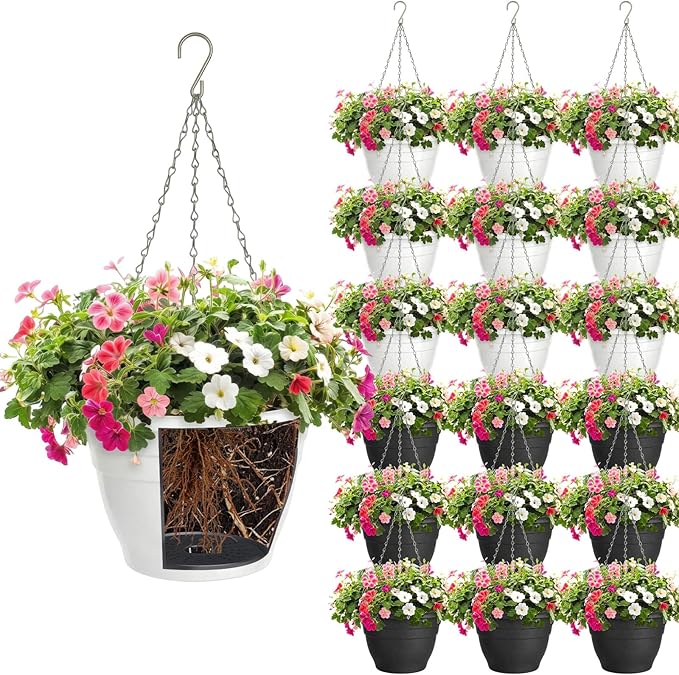 20 Pcs 10 Inch Plastic Hanging Planter Bulk Self Watering Hanging Baskets for Plants with Holes and Chain Plant Pot Outdoor Indoor Planter for Garden, Balcony, Porch, Patio Decor