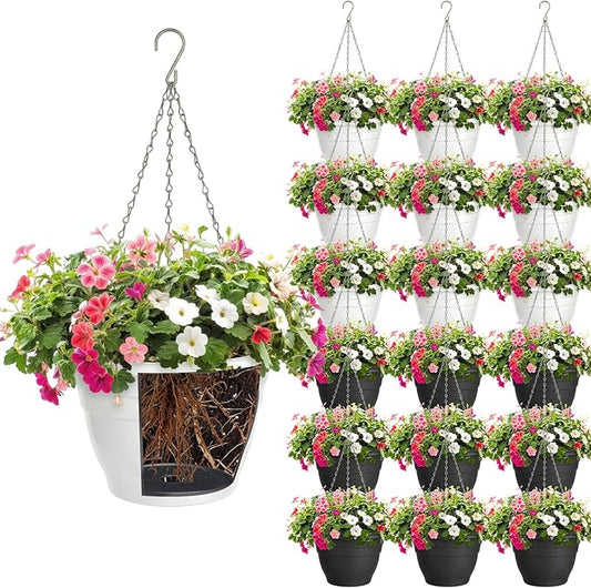 20 Pcs 10 Inch Plastic Hanging Planter Bulk Self Watering Hanging Baskets for Plants with Holes and Chain Plant Pot Outdoor Indoor Planter for Garden, Balcony, Porch, Patio Decor