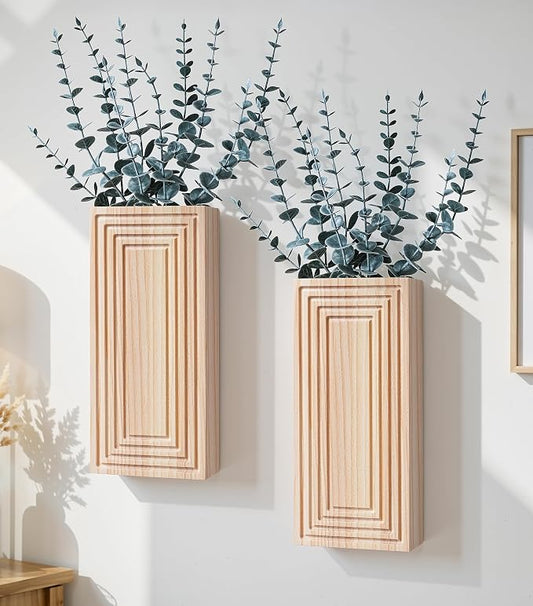 Wooden Wall Planter Vase, 2 Pack Natural Wood Hanging Vases with Fake Eucalyptus for Indoor Modern Boho Farmhouse Wall Art Decor for Home Indoor Kitchen Modern Farmhouse Bathroom