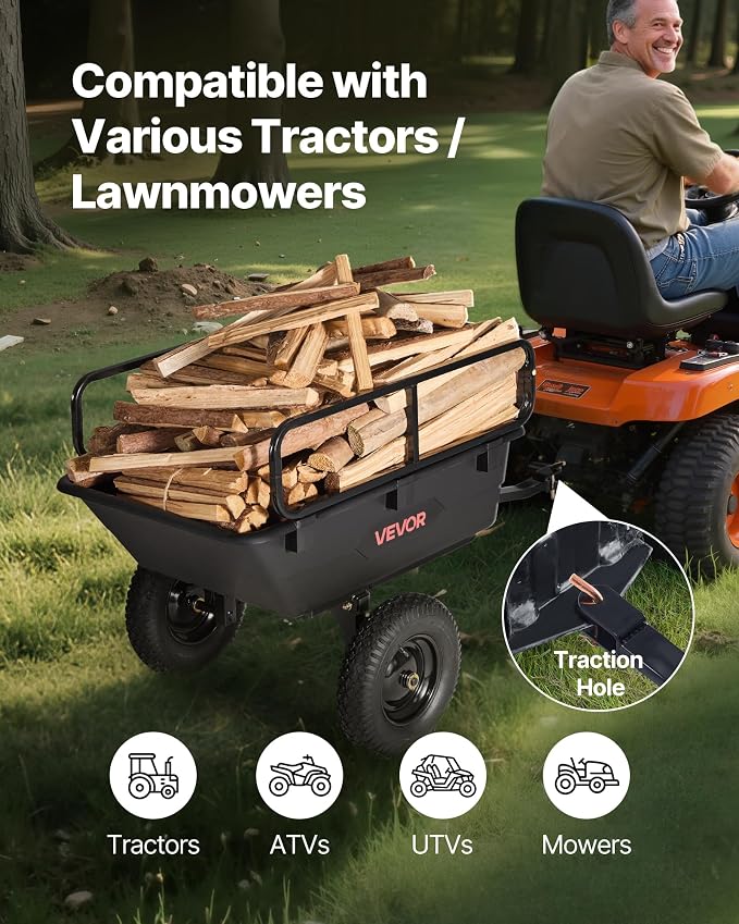 VEVOR 500Lbs 10 Cu.Ft. ATV UTV Trailer Tow Behind Dump Cart, Heavy Duty Pull Behind Utility Dump Trailer for Lawn Mower Trailer Tractor Garden Yard with 16in Tires