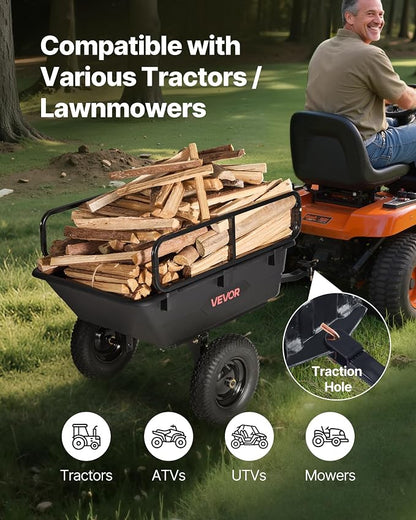 VEVOR 500Lbs 10 Cu.Ft. ATV UTV Trailer Tow Behind Dump Cart, Heavy Duty Pull Behind Utility Dump Trailer for Lawn Mower Trailer Tractor Garden Yard with 16in Tires