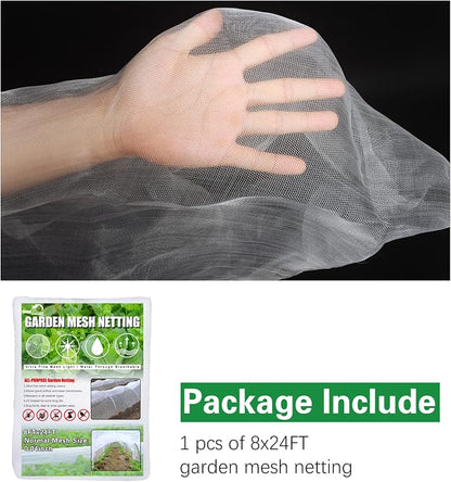 SnugNiture Garden Netting 8x24FT Ultra Fine Mesh Mosquito Netting Plant Covers, White Bird Netting Barrier Greenhouse Row Cover Protect Fruits Flower Vegetables from Birds Deer & Squirrels