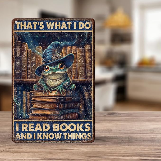 Vintage Frog Tin Sign That's What I Do IRead Books And Know Things Retro Metal Poster Magic Funny Frog Wall Art Cafe Office Home Bar Plub Club Toilet Classroom Rustic Metal Sign 12 * 8inch