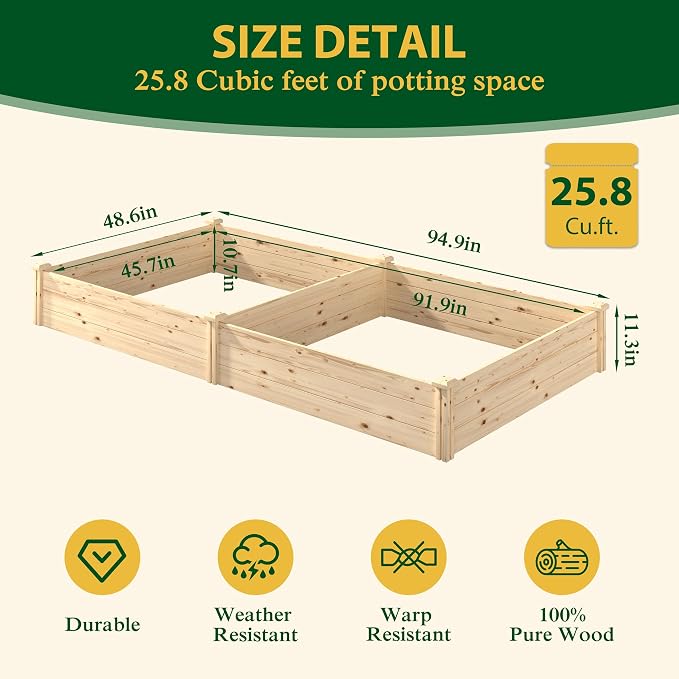 MUPATER 25.8 Cubic Feet Wooden Raised Garden Bed, Garden Bed Outdoor with Mortise & Tenon Design, 49” Wx95 ”Lx11” H Planters for Outdoor Plants, Herbs, Vegetables, and Flowers, Garden, Natural Wood