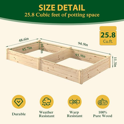 MUPATER 25.8 Cubic Feet Wooden Raised Garden Bed, Garden Bed Outdoor with Mortise & Tenon Design, 49” Wx95 ”Lx11” H Planters for Outdoor Plants, Herbs, Vegetables, and Flowers, Garden, Natural Wood