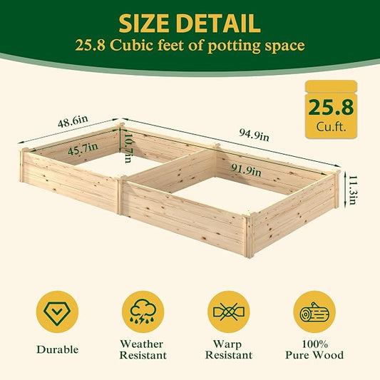 MUPATER 25.8 Cubic Feet Wooden Raised Garden Bed, Garden Bed Outdoor with Mortise & Tenon Design, 49” Wx95 ”Lx11” H Planters for Outdoor Plants, Herbs, Vegetables, and Flowers, Garden, Natural Wood
