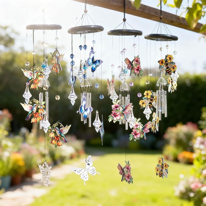 YU FENG Bee Wind Chime with Crystal Suncatcher, Memorial Outdoor Decor | 27 Inch Metal Hanging Chime, Bee Design, Meaningful Gift For Mom Grandma, Garden Yard Patio Decoration