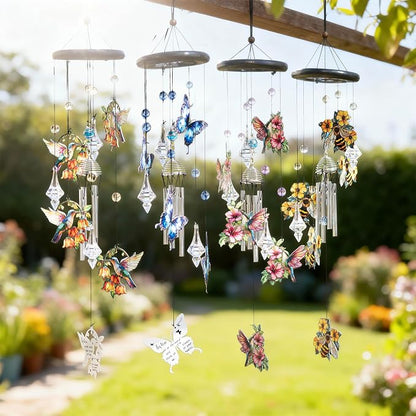 YU FENG Bee Wind Chime with Crystal Suncatcher, Memorial Outdoor Decor | 27 Inch Metal Hanging Chime, Bee Design, Meaningful Gift For Mom Grandma, Garden Yard Patio Decoration