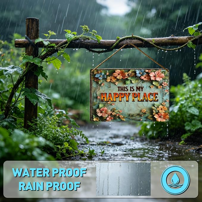 Funny Garden Metal Signs, Vintage Outdoor Wall Decor 12x8 Inch | This is My Happy Place, Weatherproof Aluminum Sign for Patio Yard Greenhouse, Gift For Gardeners