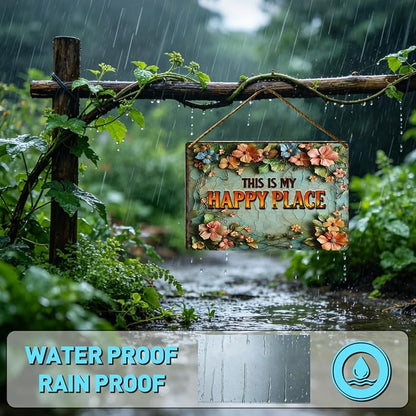 Funny Garden Metal Signs, Vintage Outdoor Wall Decor 12x8 Inch | This is My Happy Place, Weatherproof Aluminum Sign for Patio Yard Greenhouse, Gift For Gardeners