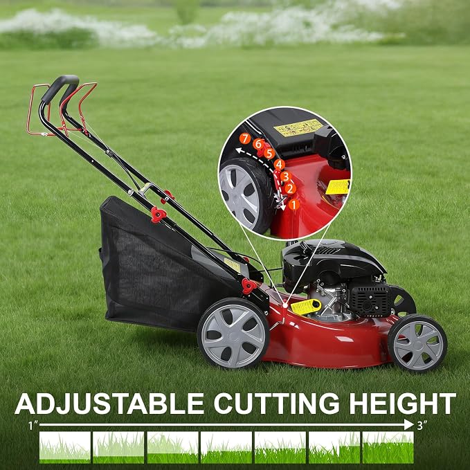 Lawn Mower Gas Powered, Gas Mower with 50l Grass Bag Big Wheels, 141cc 3-in-1 Cordless Gas Engine Mowers with 20" Blade, Self Propelled Walk-Behind Push Mower for Hills 2850RPM (Upgraded 01)