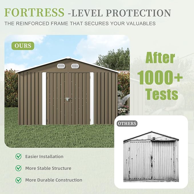 YOPTO 12X10 FT Metal Outdoor Storage Shed W/Flower Pot Stand,Brown | 3 Lockable Doors,Air Vent,Sloped Roof,Reinforced Structure,Waterproof Outdoor Shed for Garden,Patio,Backyard,Lawn