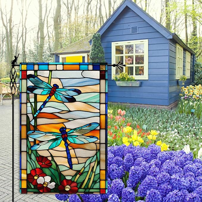 Spring Summer Dragonfly Garden Flag Glass Style Flowers Garden Flag Vertical Double Sided Rustic Farmland Burlap Yard Lawn Outdoor Decor 12.5x18"